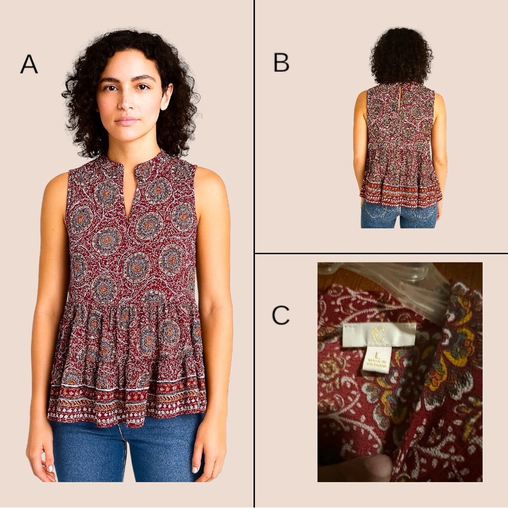 Charming Charlie Red and Blue Sleeveless Pleated Blouse